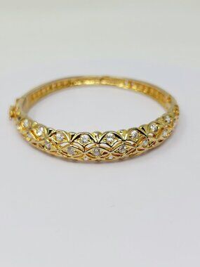Gold Tone Rhinestone Bangle Bracelet Hinged Sparkle Elegant